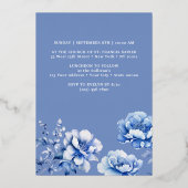 Blauwe bloemen doop folie uitnodiging (Achterkant)