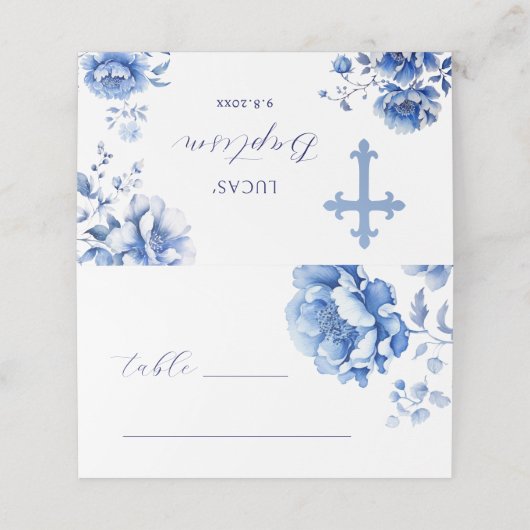 Blauwe Bloemen Doop Gevouwen Plaats Kaart Plaatskaartje (Buitenkant ongevouwen)