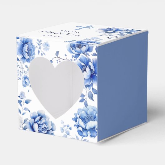 Blauwe Bloemen Doop Hart Bedankdoosjes (Voorkant Zijde)