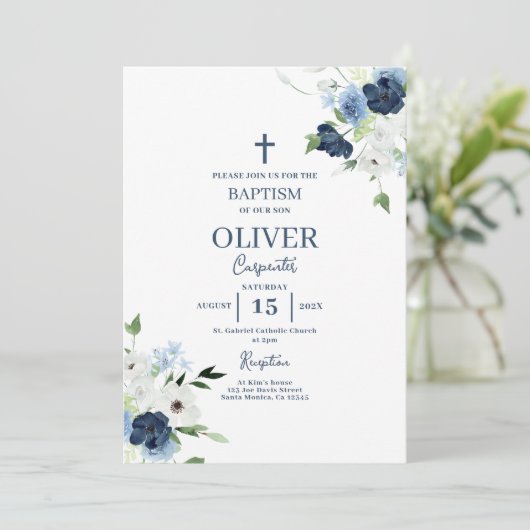 Blauwe Bloemen Doop Jongen Kaart (Staand voorkant)