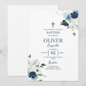 Blauwe Bloemen Doop Jongen Kaart (Voorkant / Achterkant)