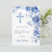 Blauwe bloemen doop kaart (Staand voorkant)