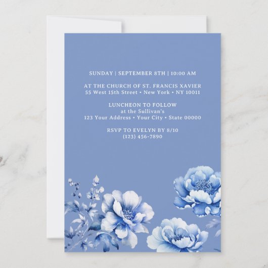 Blauwe bloemen doop kaart (Achterkant)