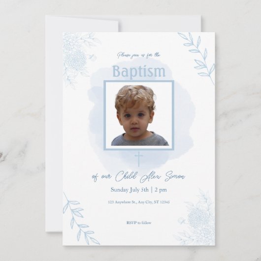 Blauwe Bloemen Doop – Klassiek en Elegant Kaart (Voorkant)