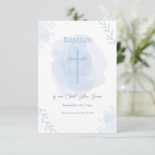 Blauwe Bloemen Doop – Klassiek en Elegant RSVP Kaartje (Staand voorkant)