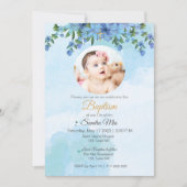 Blauwe Bloemen Doop met Foto Uitnodiging (Voorkant)