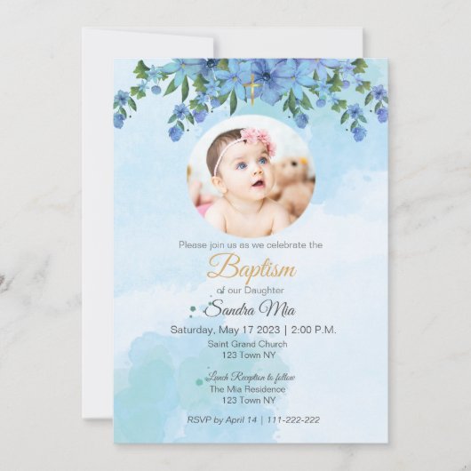 Blauwe Bloemen Doop met Foto Uitnodiging (Voorkant)