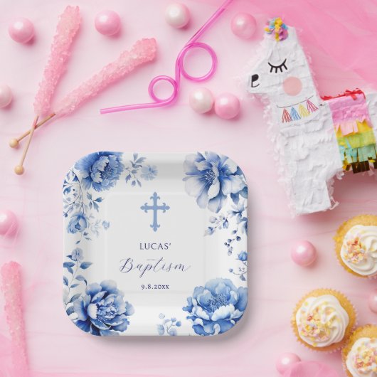 Blauwe bloemen doop papieren bordje (Feest)