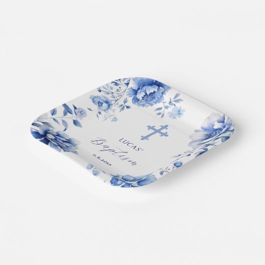 Blauwe bloemen doop papieren bordje (Gebogen)