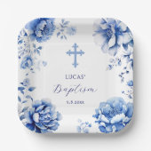 Blauwe bloemen doop papieren bordje (Voorkant)