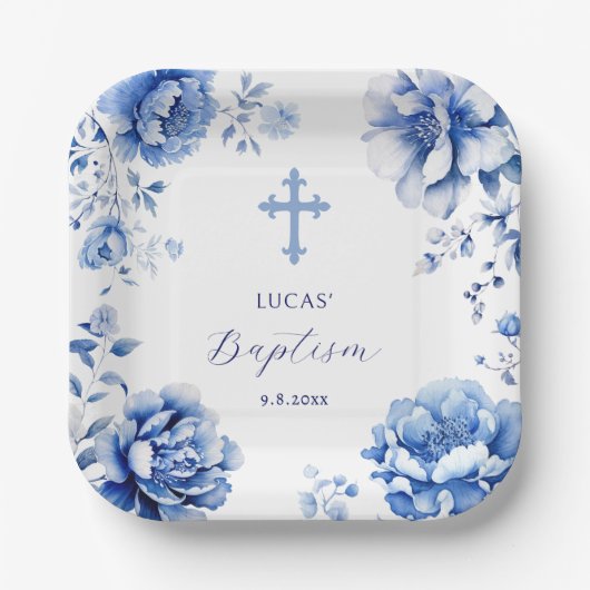 Blauwe bloemen doop papieren bordje (Voorkant)