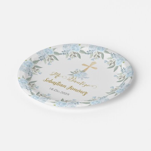 Blauwe bloemen doop papieren bordje (Gekanteld)