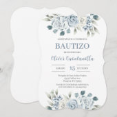 Blauwe Bloemen Doop Spaanse Uitnodiging (Voorkant / Achterkant)