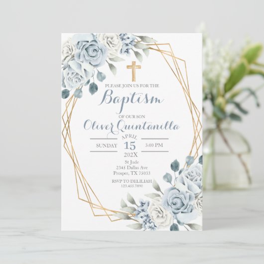 Blauwe Bloemen Doop Spaanse Uitnodiging (Staand voorkant)
