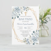 Blauwe Bloemen Doop Spaanse Uitnodiging (Staand voorkant)
