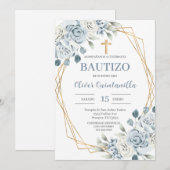 Blauwe Bloemen Doop Spaanse Uitnodiging (Voorkant / Achterkant)