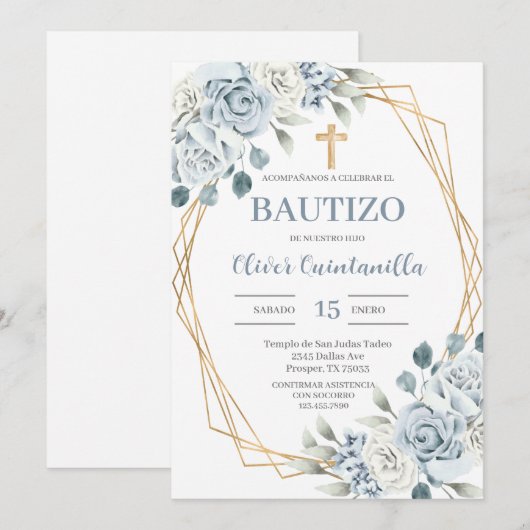Blauwe Bloemen Doop Spaanse Uitnodiging (Voorkant / Achterkant)