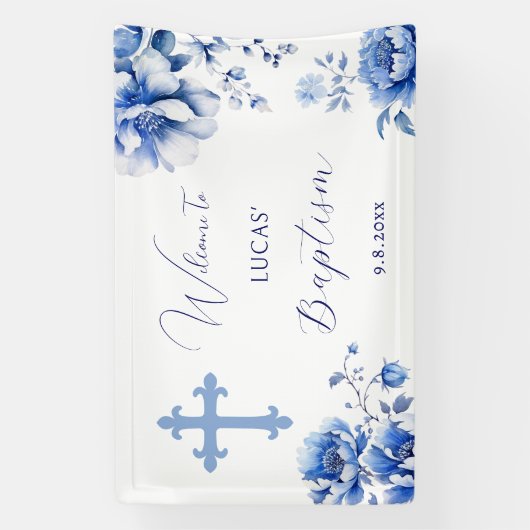 Blauwe bloemen doop spandoek (Verticaal)