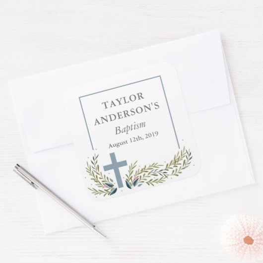 Blauwe Bloemen Doop Sticker Labels (Envelop)