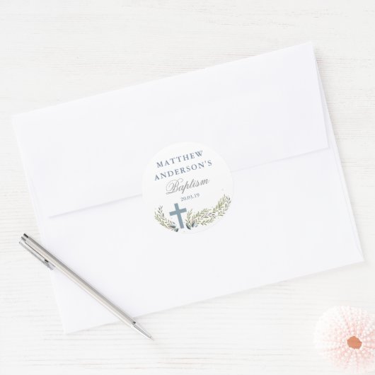 Blauwe Bloemen Doop Sticker Labels (Envelop)