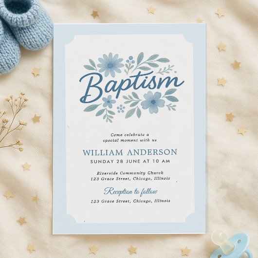 Blauwe Bloemen Doop Uitnodiging voor Baby Boy