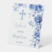 Blauwe Bloemen Doop Welkom voetstuk teken Reclamebord Met Voetstuk (Voorkant)