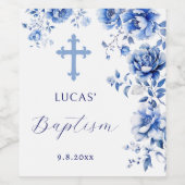 Blauwe bloemen doop wijn etiket (Enkel label)