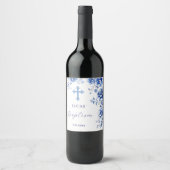 Blauwe bloemen doop wijn etiket (Voorkant)