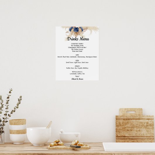 Blauwe Bloemen Drankjes Menu Trouwbord Poster (Keuken)