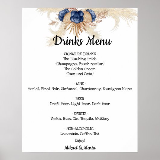 Blauwe Bloemen Drankjes Menu Trouwbord Poster (Voorkant)