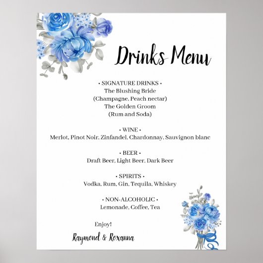Blauwe bloemen Drinken Menu Weddenschap Poster (Voorkant)