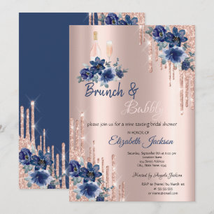 Blauwe Bloemen Drips Brunch & Bubbly Bruidsfeest Kaart