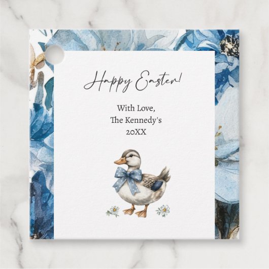 Blauwe bloemen Eend Pasen Bedankjes Labels (Voorkant)