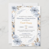 Blauwe bloemen eerste communie in Spaans katholiek Kaart (Voorkant)