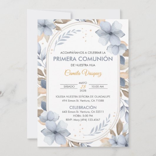 Blauwe bloemen eerste communie in Spaans katholiek Kaart (Voorkant)