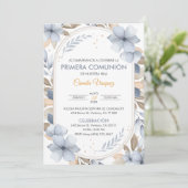 Blauwe bloemen eerste communie in Spaans katholiek Kaart (Staand voorkant)