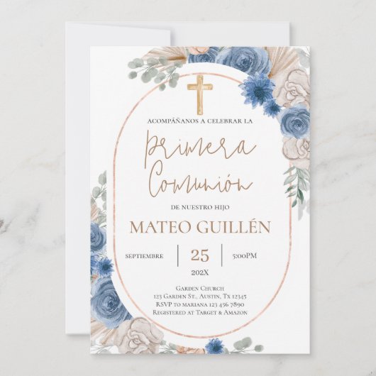 Blauwe Bloemen Eerste Communie Spaanse uitnodiging (Voorkant)