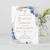 Blauwe Bloemen Eerste Communie Spaanse uitnodiging (Staand voorkant)