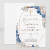 Blauwe Bloemen Eerste Communie Spaanse uitnodiging (Voorkant / Achterkant)