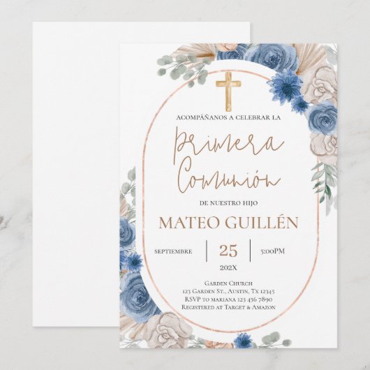 Blauwe Bloemen Eerste Communie Spaanse uitnodiging (Voorkant / Achterkant)