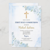Blauwe Bloemen Eerste Communie Uitnodiging (Voorkant / Achterkant)
