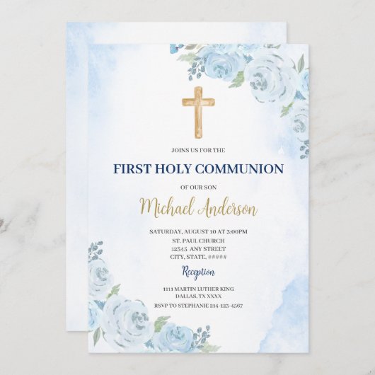 Blauwe Bloemen Eerste Communie Uitnodiging (Voorkant / Achterkant)