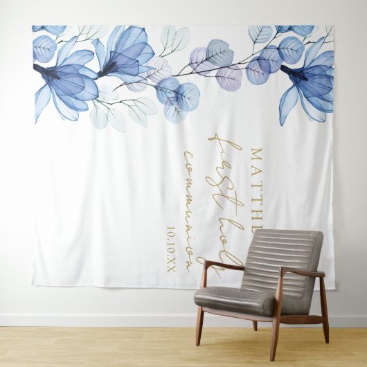 Blauwe Bloemen Eerste Heilige Communie Foto Achter Wandkleed (In Situ (horizontaal))