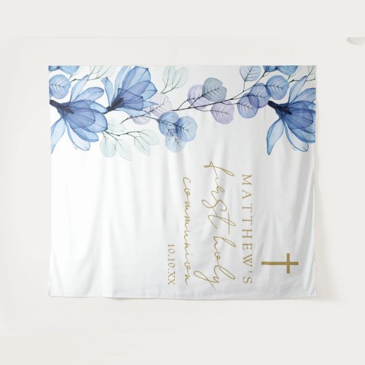 Blauwe Bloemen Eerste Heilige Communie Foto Achter Wandkleed (Voorkant (horizontaal))