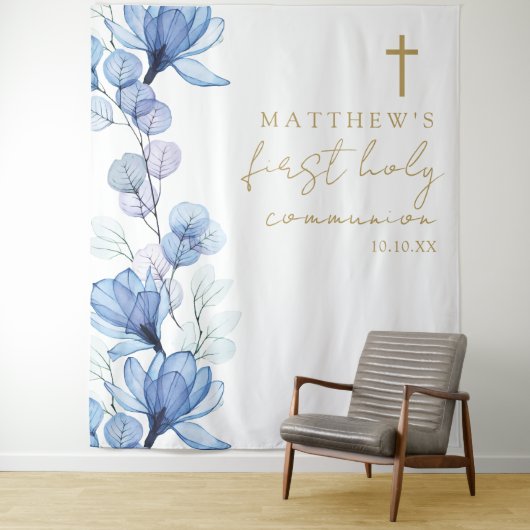 Blauwe Bloemen Eerste Heilige Communie Foto Achter Wandkleed (In situ)