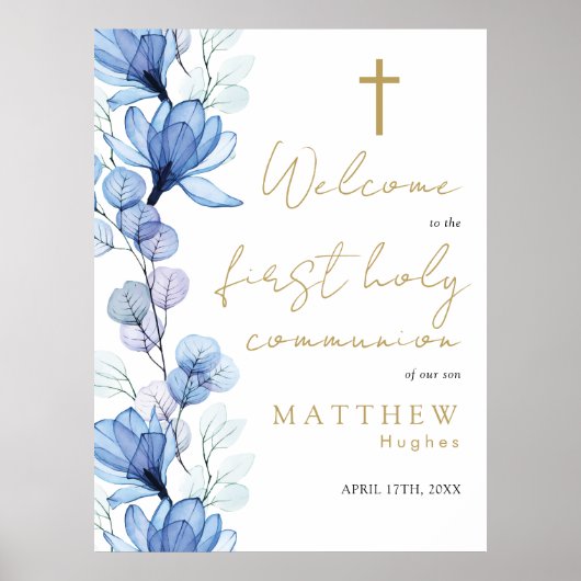 Blauwe Bloemen Eerste Heilige Communie Welkom Teke Poster (Voorkant)