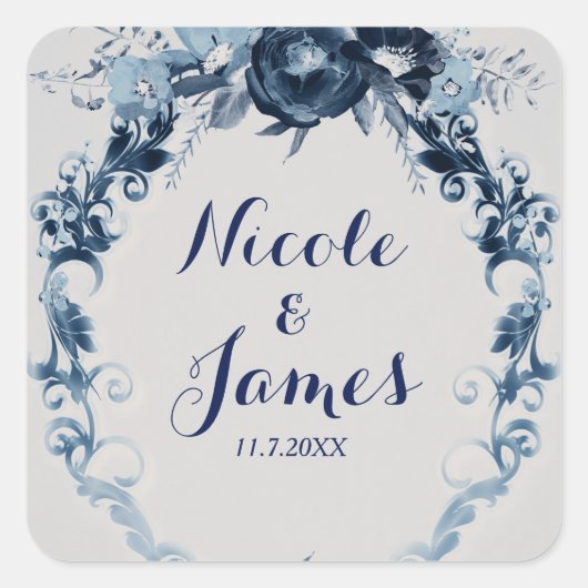 Blauwe  bloemen Elegant Floral Wedding Favor Vierkante Sticker (Voorkant)