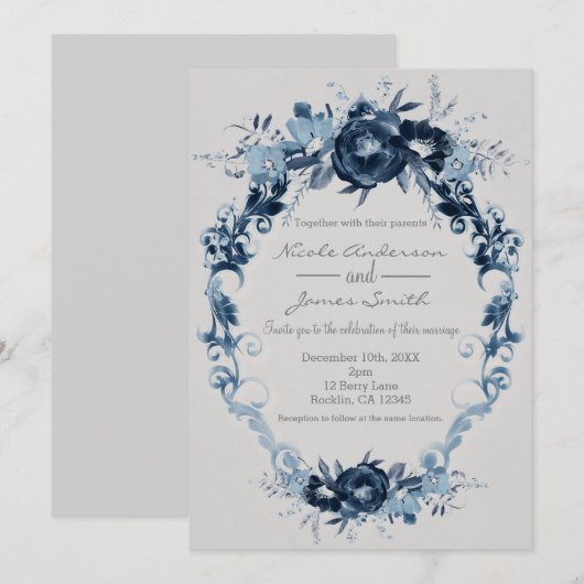 Blauwe  bloemen Elegant Floral Wedding Kaart (Voorkant / Achterkant)