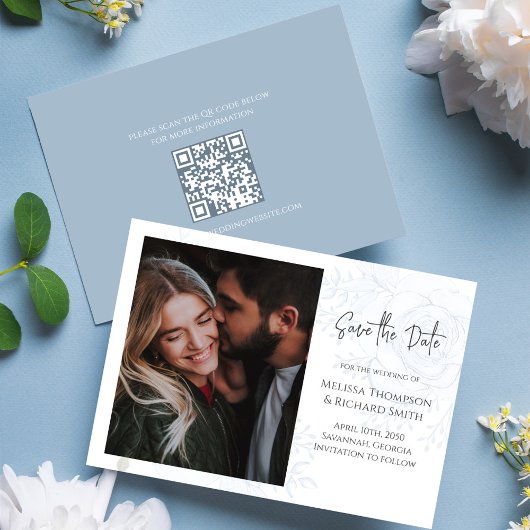 Blauwe Bloemen Elegante Fotobruiloft Save the Date