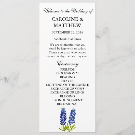 Blauwe Bloemen Elegante Moderne Bruiloft Programmakaart (Voorkant)